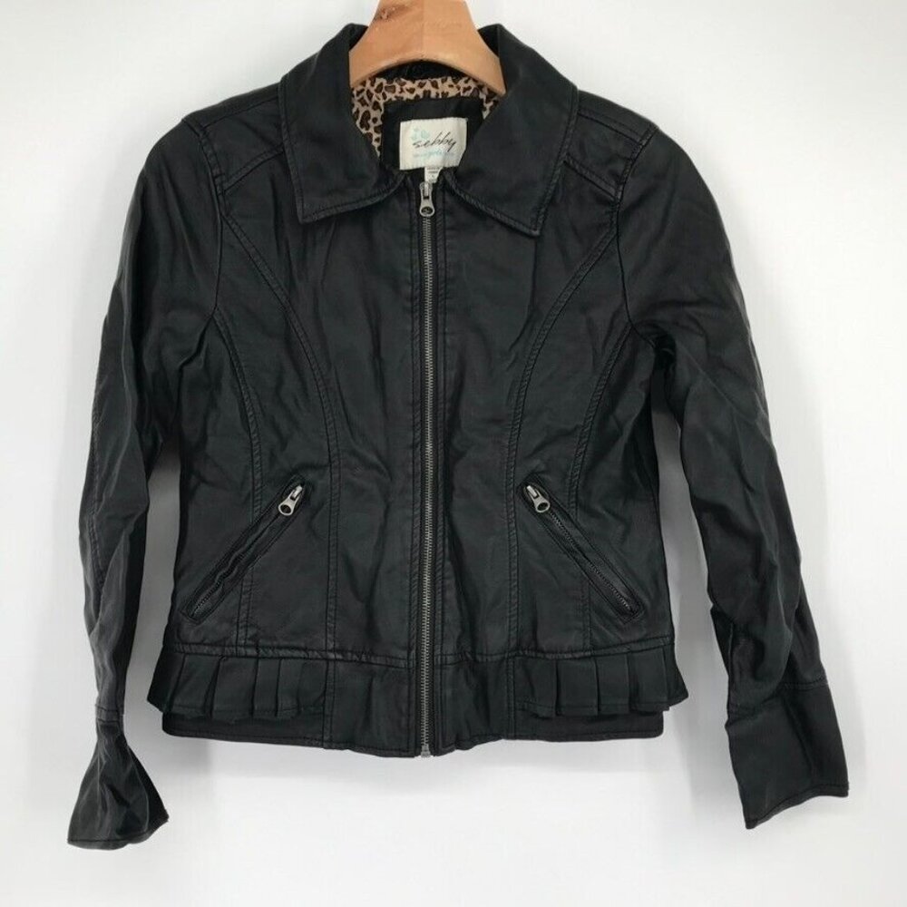 Sebby Girls size large (12-14) faux Jacket black lined ruffle pockets zip - Picture 4 of 9